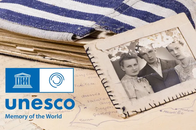 hoto of two women and a man. Handwritten notes and blue and white striped prison uniform as book cover. The photography shows material from the Ravensbrück Archive. Photo Håkan Håkansson. To the left of the image is a blue logotype with the words UNESCO Memory of the World.
