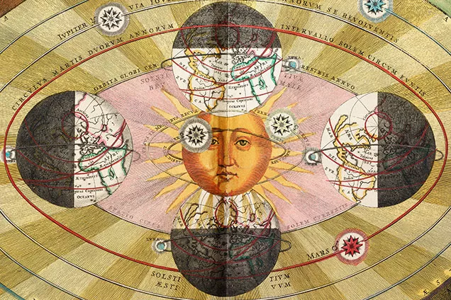 The Earth is shown in its orbit around the sun at four different angles. An illustration of the solstice.