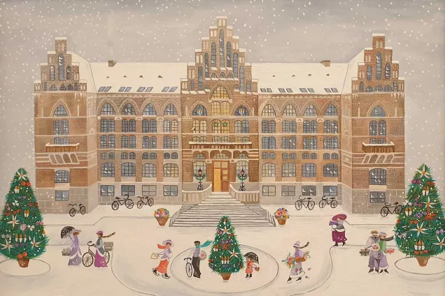 The snow is falling, and Christmas trees and skaters are in front of the university library building. Illustration by Kerstin Brandt.