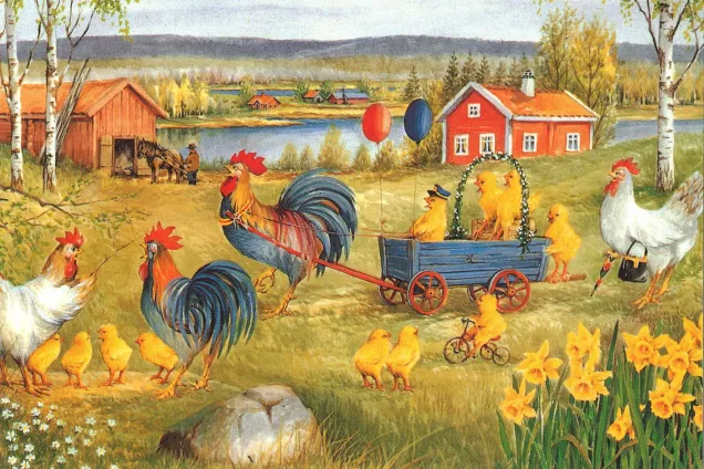 A rooster pulls a cart with chicks. A hen directs a rooster and chicks in a spring song. Illustration.