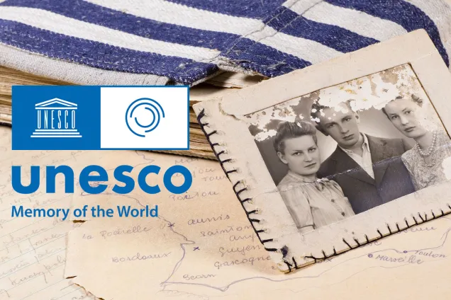 Photo of two women and a man. Handwritten notes and blue and white striped prison uniform as book cover. The photography shows material from the Ravensbrück Archive. Photo Håkan Håkansson. To the left of the image is a blue logotype with the words UNESCO Memory of the World.