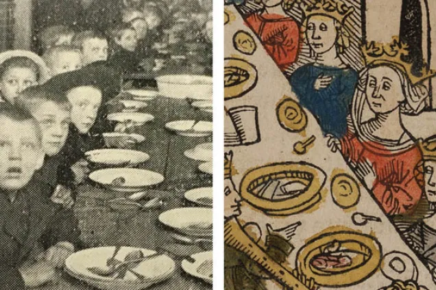 On the left, poor children are at a dining table. On the right, people wearing crowns at a medieval banquet.