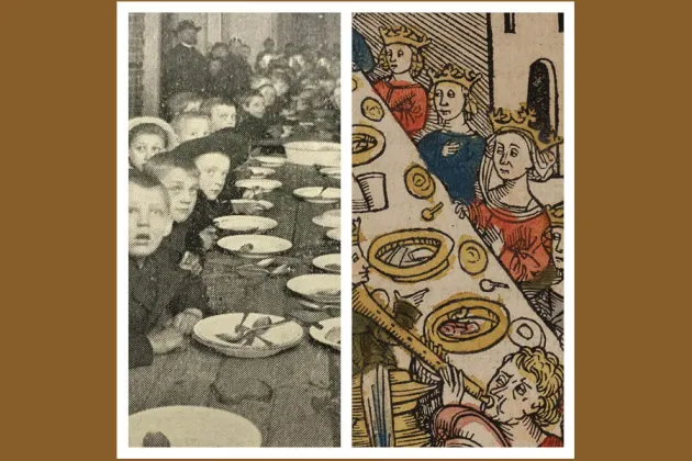 Till vänster sitter fattiga barn vid ett matbord. Till höger personer som bär kronor vid en medeltida bankett.