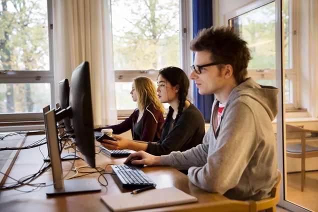 Tre studenter söker information på datorerna på UB. Fotograf Johan Bävman.