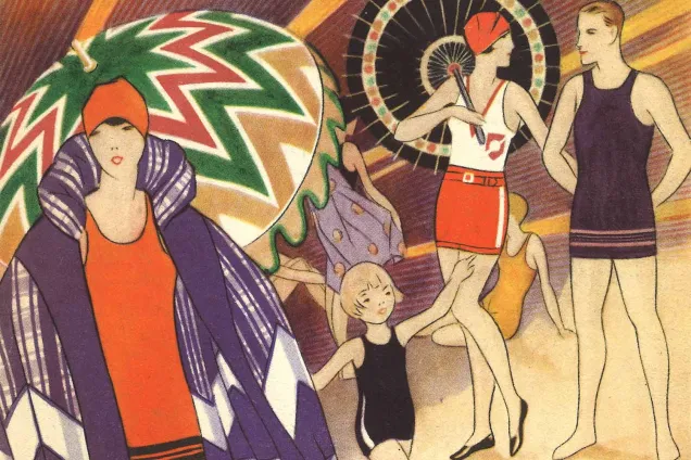 Människor i badkläder och med solparasoll. Illustration.