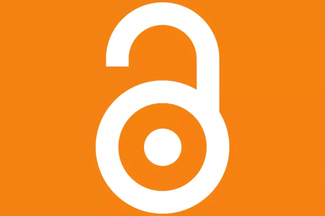 Vita bokstäver O och A bildar ett olåst hänglås på orange bakgrund. Logotypen för Open Access. 