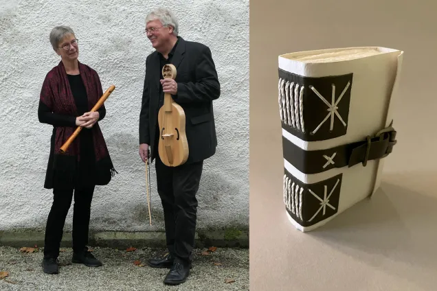Två musiker som håller i medeltida instrument, samt en bok bunden med medeltida teknik.