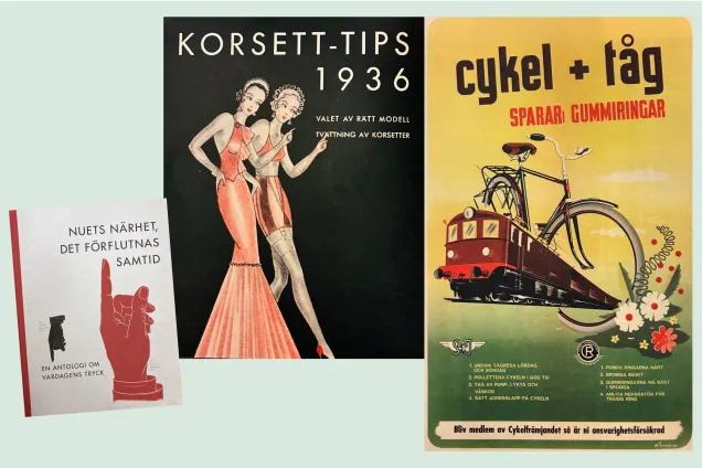 Kollage föreläsning 4 nov_1500x1000 px.jpg Kollage med affischer från förr samt framsidan på antologin om Vardagstryck.