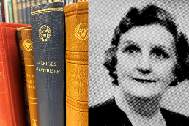 Kalenderhändelse - Släktforskarevent.jpg Bildkollage med bokryggar och ett svartvitt foto på en servitris