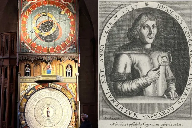 Bildmontage med ett astronomiskt ur till vänster och Nicolaus Copernicustill höger.