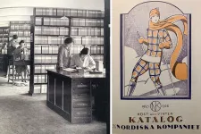 Bildkollage. Svartvitt foto på kvinnor som arbetar vid skrivbord och en tryckt affisch i färg.