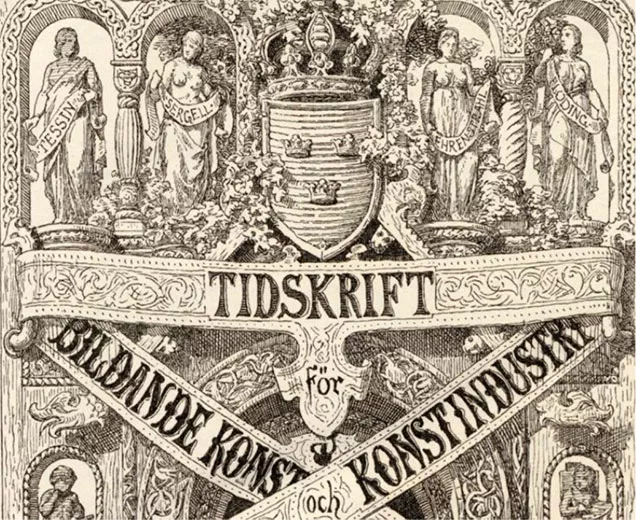 Omslag Tidskrift för bildande konst och konstindustri, 1875. Utgivare Fritzes bokhandel. Se Libris https://libris.kb.se/bib/1464910.